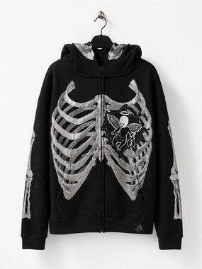 Muerte Black Zip-Up Hoodie with Silver Skeleton Ribcage Graphic